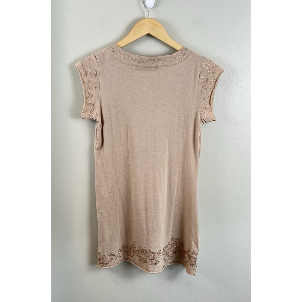 BCBGMaxazria Y2K Babydoll V-Neck Embroidered Short Sleeve Tunic Top Medium Beige - Picture 5 of 8